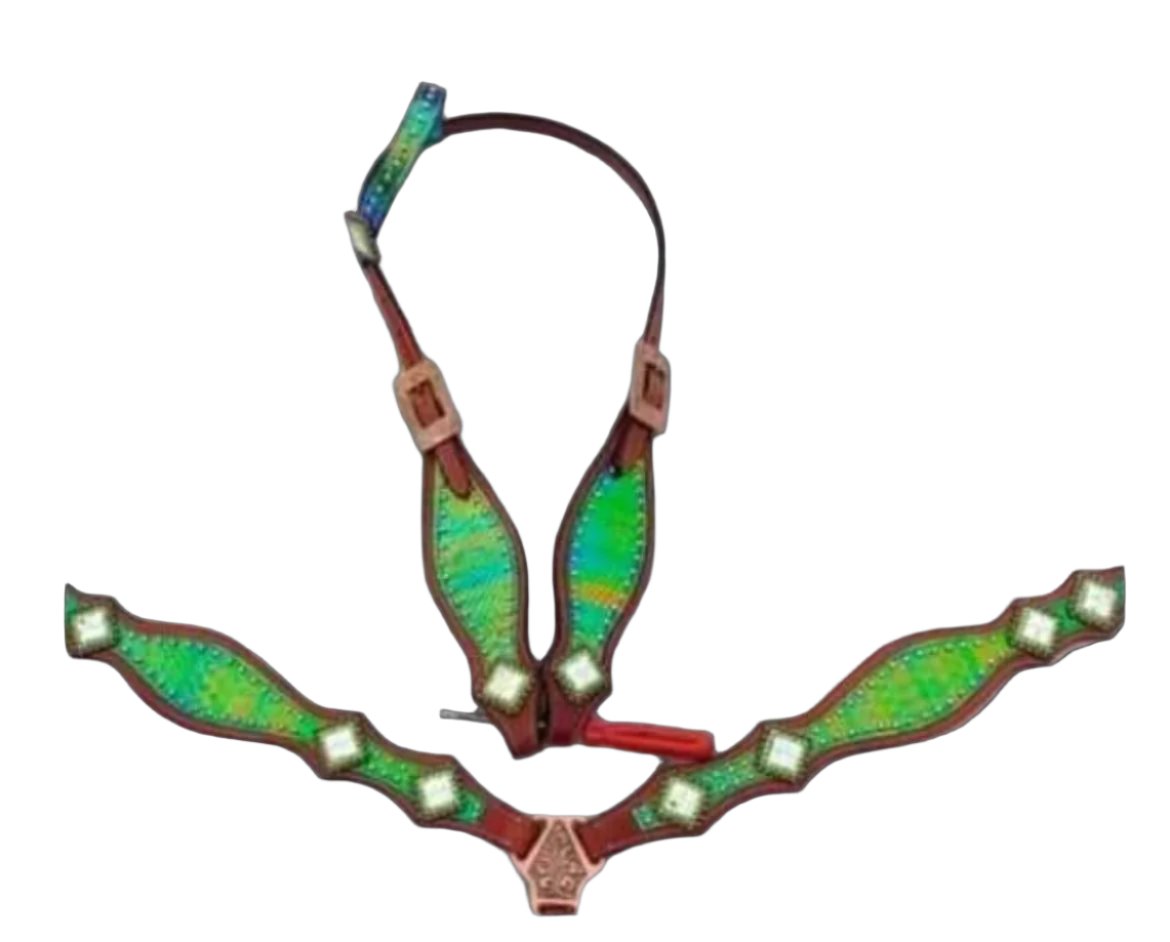 Green made to order headstall set horse size