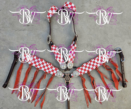 Red and White Checkered Headstall set