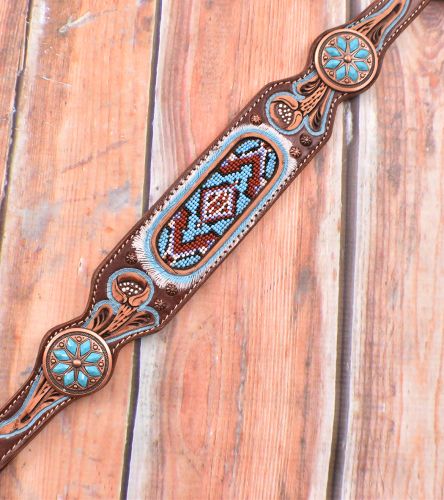 light Blue Beaded Headstall and Breast Collar Set