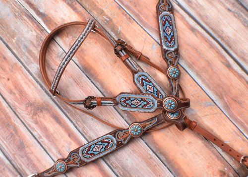 light Blue Beaded Headstall and Breast Collar Set