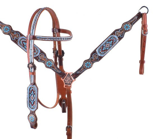 light Blue Beaded Headstall and Breast Collar Set