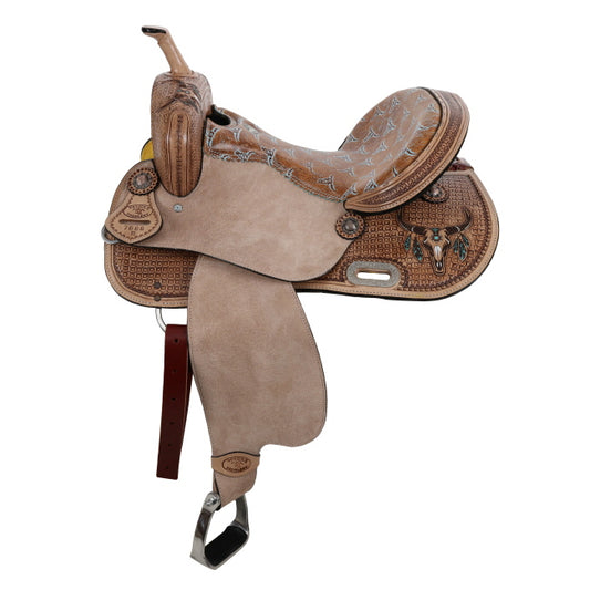 Weathered Steer Barrel Style Saddle - 15 Inch