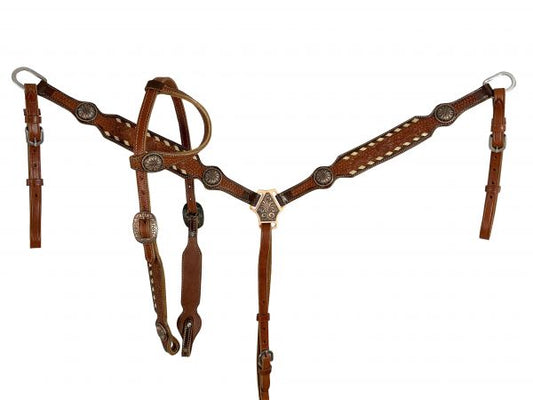 Floral tooled Leather One Ear Headstall and Breast Collar Set