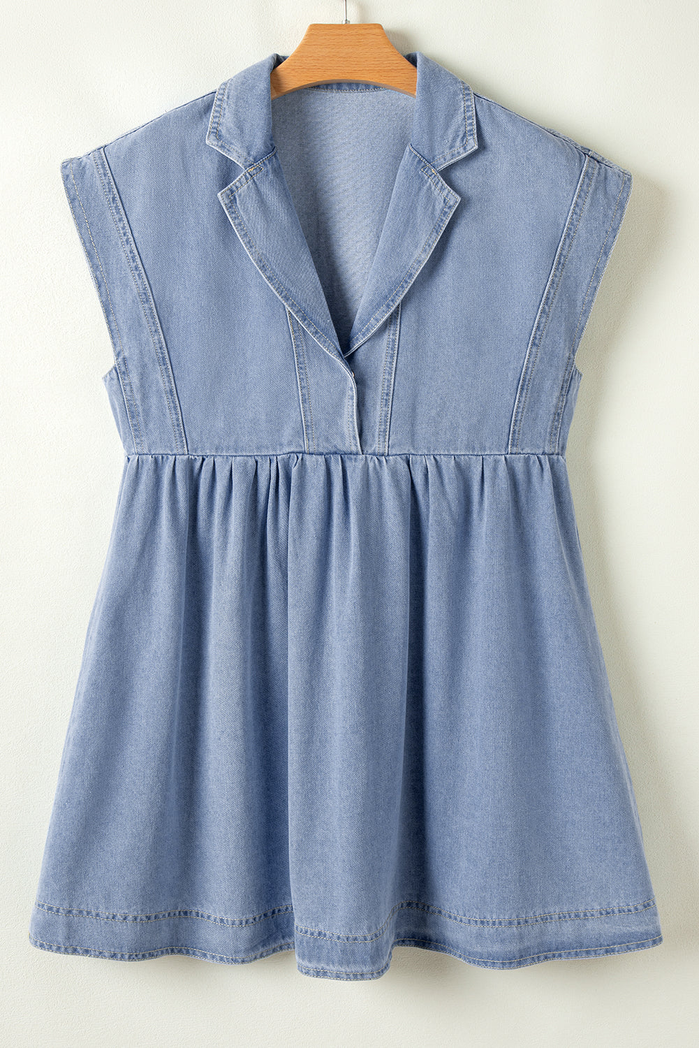 Beau Blue Lapel Neck Cap Sleeve High Waist Denim Babydoll Dress