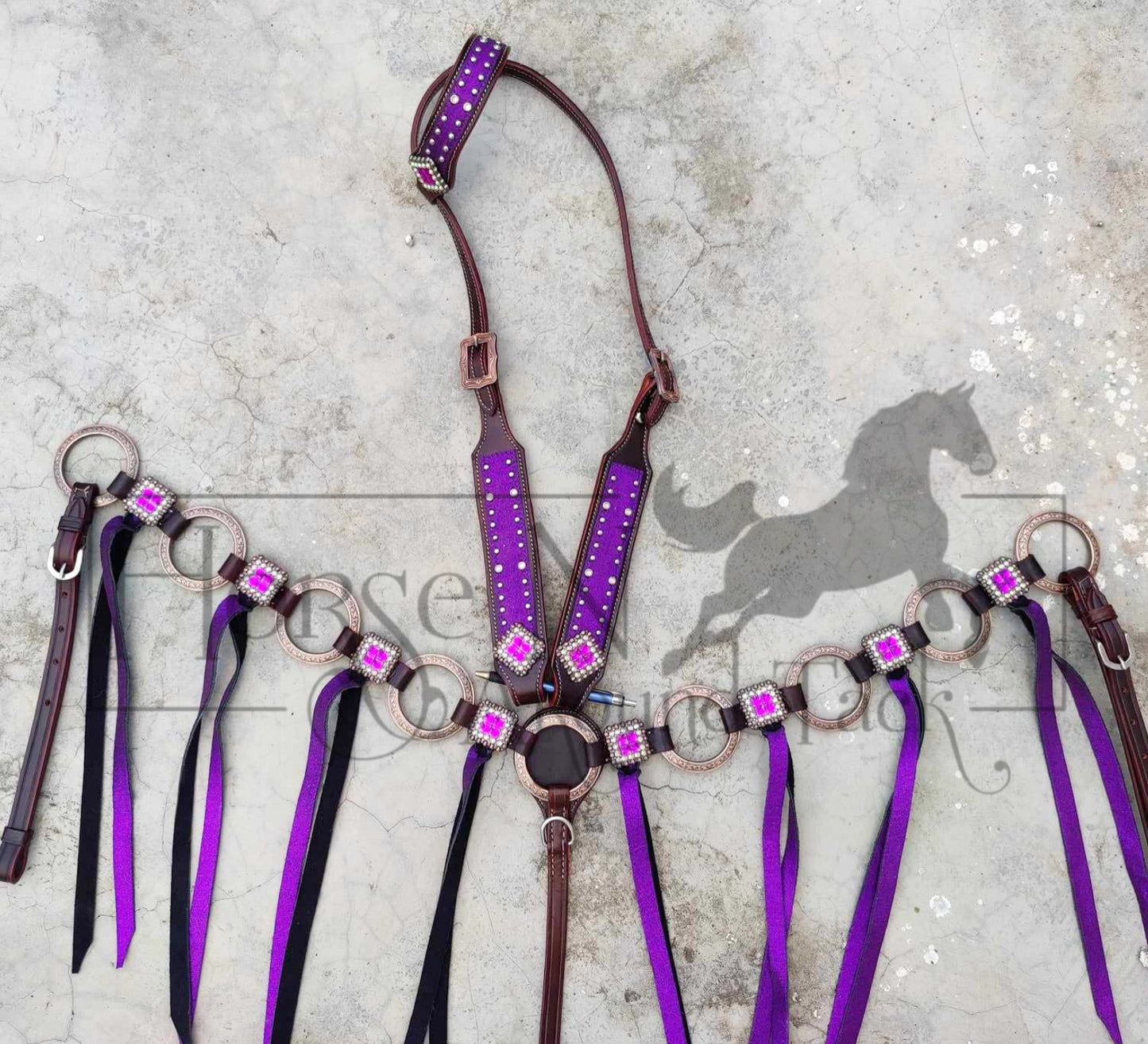 Purple made to order horse size headstall and breast collar set