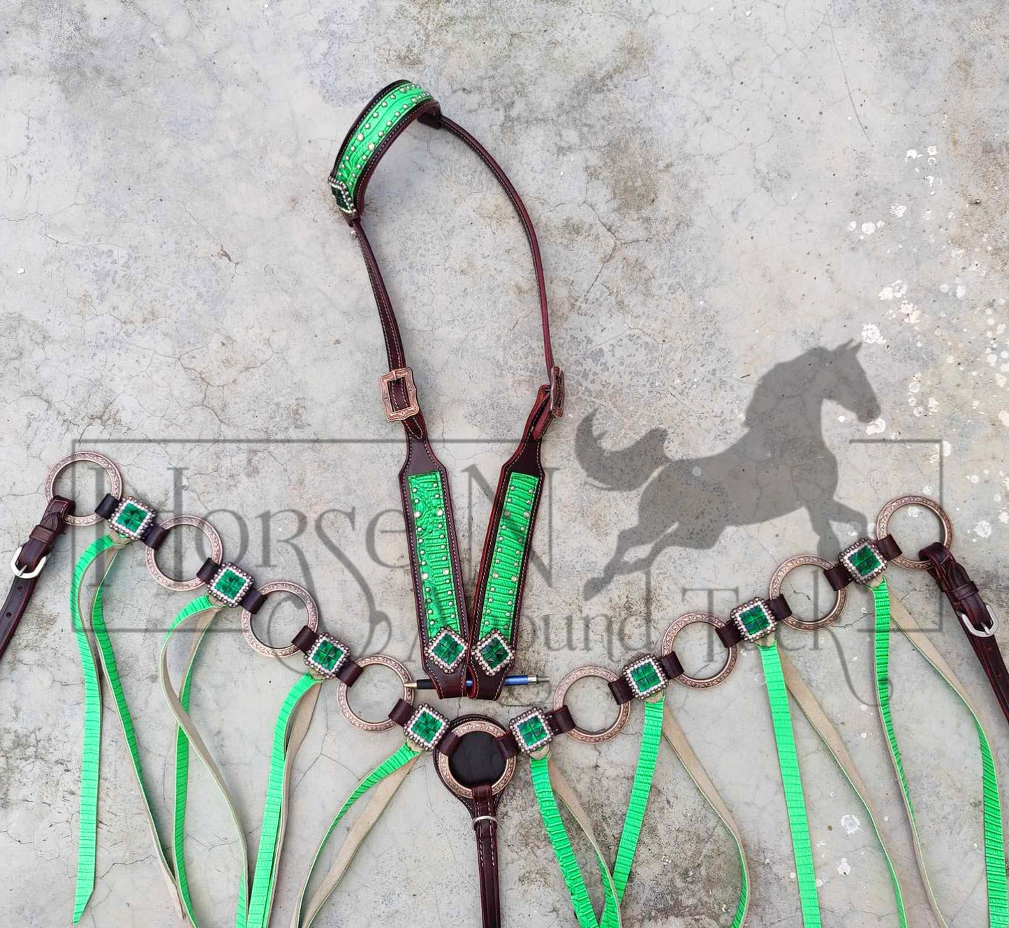 Green made to order headstall and breast collar set horse size