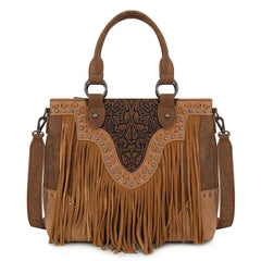 Trinity Ranch Floral Tooled Fringe Tote/Crossbody - Brown