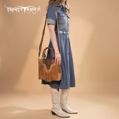Trinity Ranch Floral Tooled Fringe Tote/Crossbody - Brown