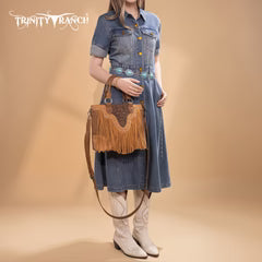 Trinity Ranch Floral Tooled Fringe Tote/Crossbody - Brown