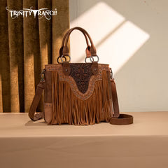 Trinity Ranch Floral Tooled Fringe Tote/Crossbody - Brown