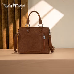 Trinity Ranch Floral Tooled Fringe Tote/Crossbody - Brown