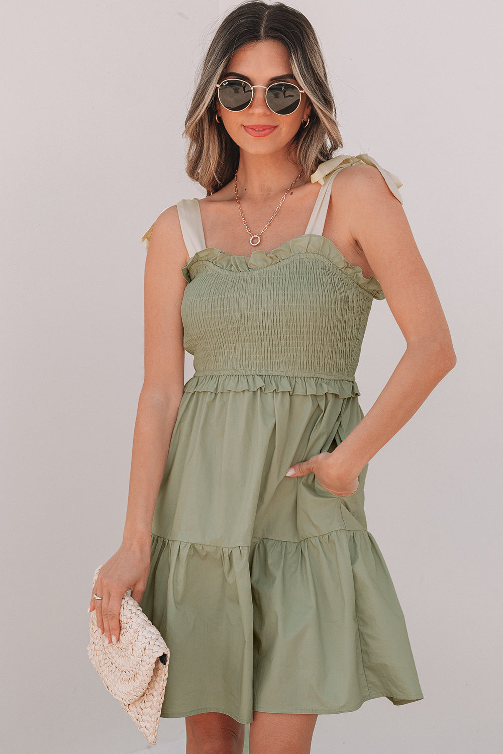 Laurel Green Smocked Bodice Self-tie Straps A-line Ruffled Mini Dress