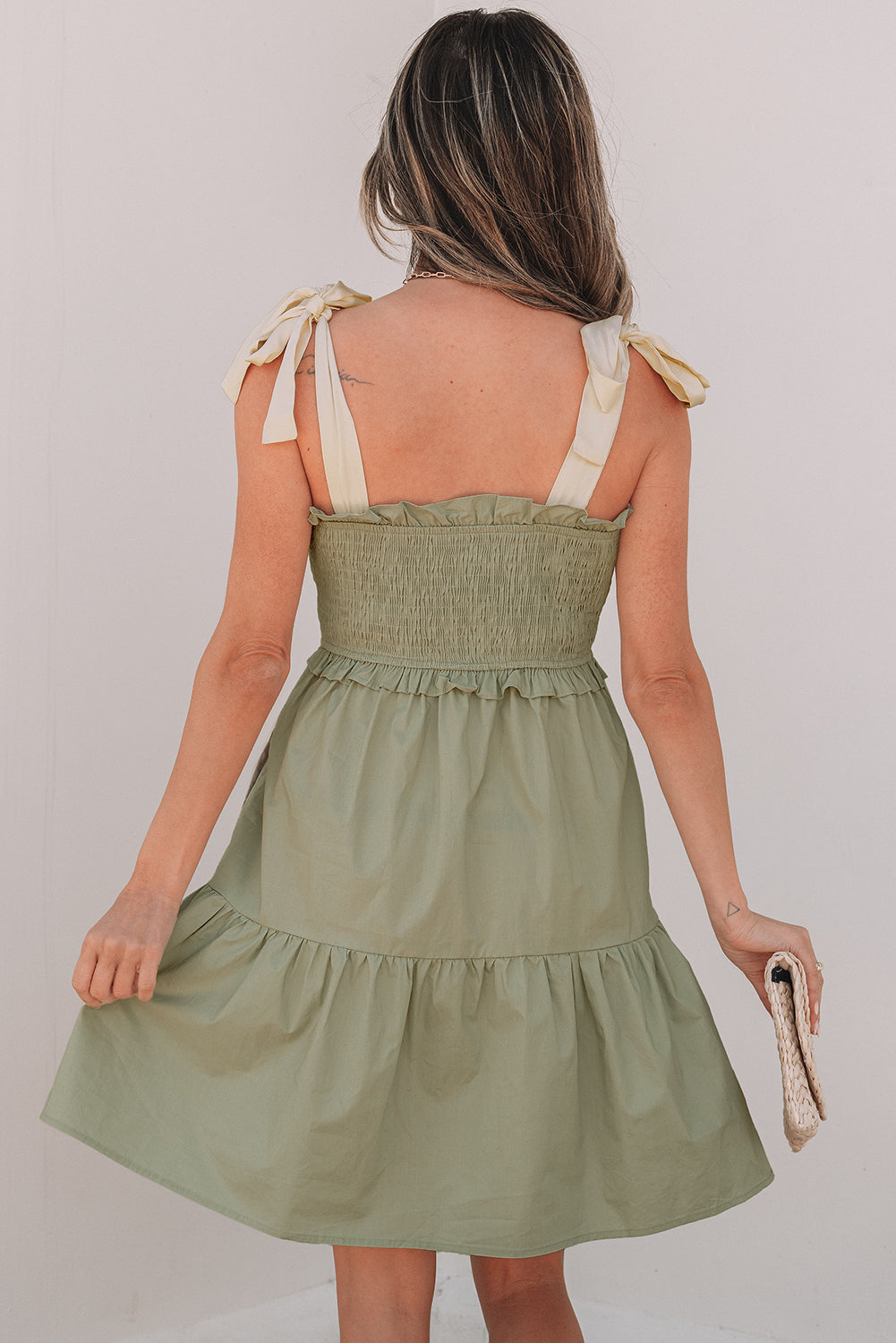 Laurel Green Smocked Bodice Self-tie Straps A-line Ruffled Mini Dress