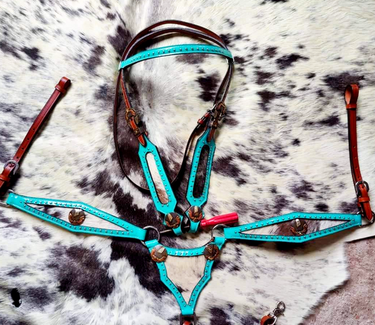 Custom made to order Turquoise and Cowhide headstall set